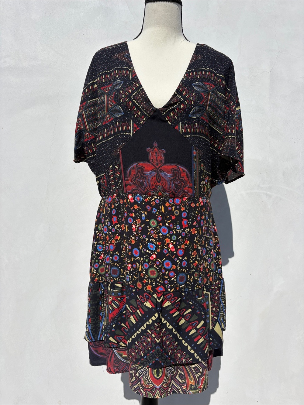 Desigual Black Multicolor Boho V-Neck Tunic Dress